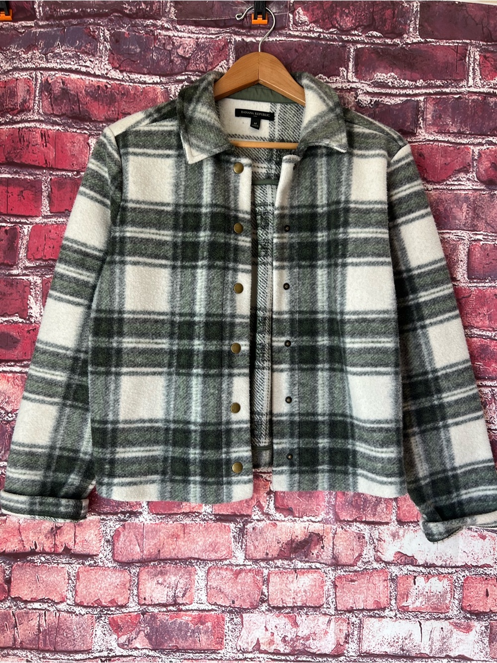 Banana Republic Green White Plaid Fleece Shacket Snap Jacket Medium